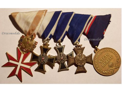 Austria Set of 5 Medals (Decoration of Honor for Services to the 2nd Austrian Republic, Golden Cross, Long Service Military Crosses 1st, 2nd & 3rd Class, Bronze Medal for Successful Completion of Military Training)