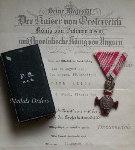 Austria Hungary Silver Merit Cross with Crown Viribus Unitis 1849 by Wilhelm Kunz with Diploma to Prussian Field Post Inspector Boxed 1918