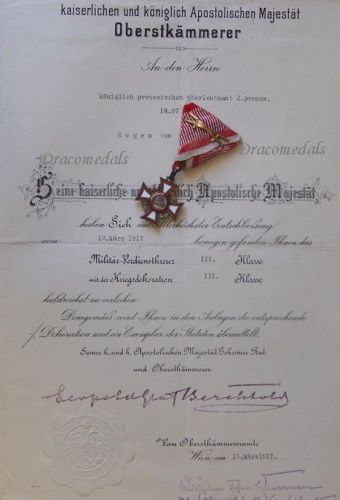 Austria Hungary WWI Cross of Military Merit III Class with Crossed Swords & Diploma to German Lieutenant Von Wulffen 97th Prussian Infantry Regiment