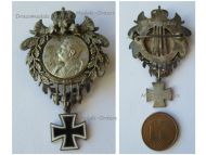 Austria Hungary WWI Cap Badge Kaiser Wilhelm II of Germany Russian Crown Daphne Wreath Iron Cross Inscribed Durch Kampf zum Sieg