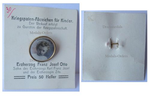 Austria WWI Hungary Cap Badge Erzherzog Franz Joseph Otto von Habsburg, Kriegspatenschaft 1915 on Carton of Issue