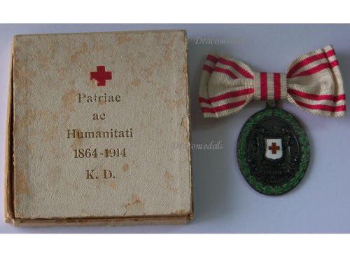 Austria Hungary WWI Red Cross Silver Merit Medal with War Decoration 1864 1914 by G.A. Scheid on Ladies Bow for Female Recipients Boxed
