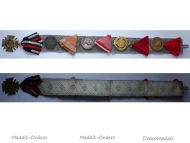 Austria Hungary WWI 5 Medal Set on Officer's Belt (Silver Bravery Medal, Hindenburg & Karl's Cross, Jubilee Medals of Kaiser FJ Reign 1848 1898 1908)
