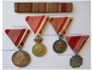 Austria Hungary WWI 4 Medal Set with Ribbon Bar (Bronze Merit Medal Signum Laudis, Silver Large, Small Tapferkeit Bravery Medals, Karl's Cross Troops)
