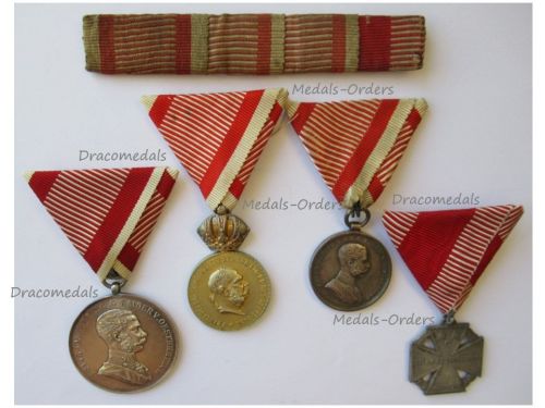 Austria Hungary WWI 4 Medal Set with Ribbon Bar (Bronze Merit Medal Signum Laudis, Silver Large, Small Tapferkeit Bravery Medals, Karl's Cross Troops)