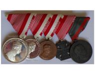 Austria Hungary WWI 5 Medal Set (Silver Large & Small, Bronze Fortitudini Bravery Medals, Laeso Militi Medal for Single Wound by W&A, Karl's Cross of the Troops)