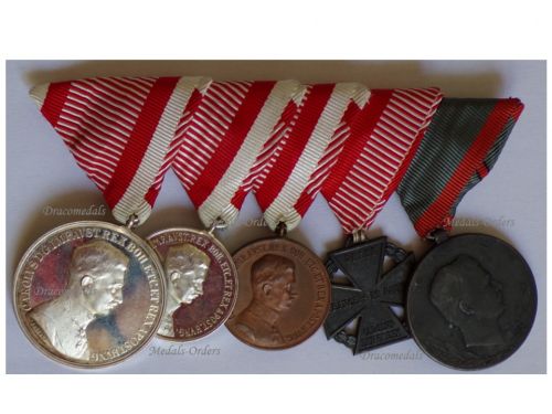 Austria Hungary WW1 5 Medal Set (Silver Large, Small, Bronze Fortitudini Bravery Medals, Laeso Militi Medal for Single Wound W&A, Karl's Troop Cross)