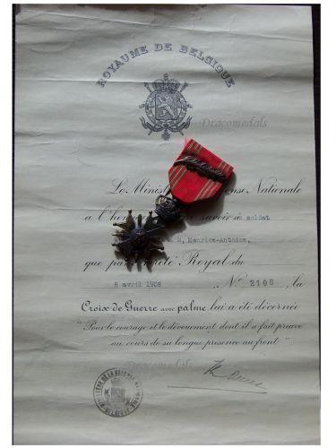 Belgium WWII War Cross with Palms L King Leopold III with Diploma Dated 1938