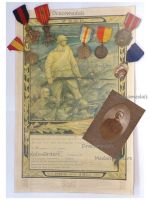 Belgium WWI Set 7 Medals & Yser Diploma to Flemish Soldier (Yser, Fire, War Cross, Victory, Volunteers, Commemorative, Liege Medal)