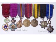 Belgium WWII Set of 7 Medals (Orders of the Crown, Leopold II, WW2 Victory Commemorative, Country's Gratitude Bronze Medal, for the War Volunteers of the Belgian Armed Forces, Portuguese Order of Christ, Spanish Order of Civil Merit) MINI