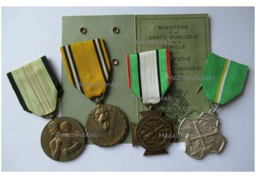 Belgium WWII Clandestine Press Resistance Medal Set with Card (with WWII Unarmed Resistance, WWII Victory Commemorative & ACV Medal)