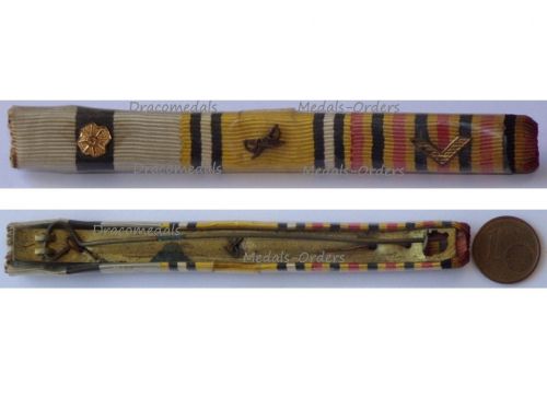 Belgium WWII Ribbon Bar of 3 Medals (Order of Leopold II Gold Medal, WW2 Victory Commemorative Medal with Swords, Military Decoration for Loyal Service 1st class with Chevron) to a Belgian NCO