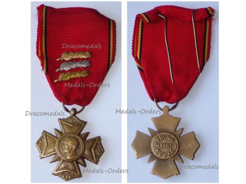 Belgium WWII Cross of the Royal Federation of King Albert's Veterans 1909 1934 with Bronze, SIlver & Gold Palms