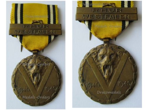 Belgium WWII Victory Commemorative Medal with Swords, Rhur & Westfalen Clasps 