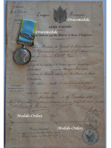 Britain Crimea Medal 1854 1856 with Clasp Sebastopol & Diploma to French Chasseurs d'Afrique Cavalry