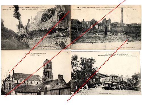 France WW1 4 Field Post Postcards Destroyed  City Souain Marne Silley Champagne French Photo 1914 1918 Great War WWI
