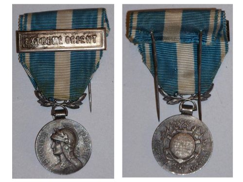 France WWI Colonial Medal 1st Type 1893 1913 Bifacial with Clasp Extreme Orient in Silver Plated Bronze by Arthus Bertrand