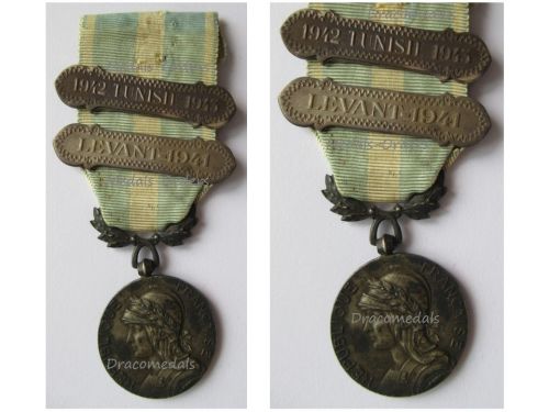 France WWII Colonial Medal with Clasps Levant 1941 & 1942 Tunisie 1943 Intermediate Type 1913 1938 by Lemaire