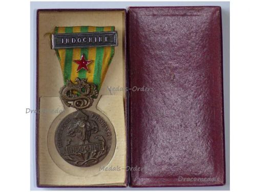 France Indochina War Medal 1945 1953 with Red Star Device for Combat Wound & Indochine Bar Boxed