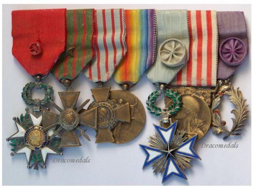 France WWI Set of 7 Medals (National Order of the Legion of Honor Officer's Cross, Black Star of Benin, Academic Palms Officer's Star Badge, Victory Medal Charles Type, WW1 War & Combatants Cross, Commemorative Medal)
