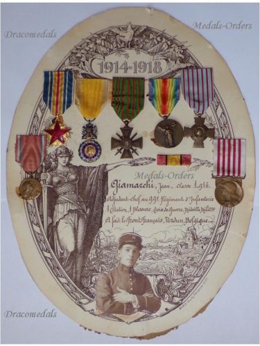 France WWI Set of 7 Medals to a Chief Warrant Officer of the 99th Infantry Regiment (Victory, Verdun by Venier, Wound, Commemorative Valor & Discipline Medal, War Cross, Combatants Cross) 