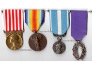 France WWI Set of 4 Medals (WWI Victory Interallied Medal Morlon Type, WW1 Commemorative, Colonial Medal, Order of the Academic Palms Knight's Badge)