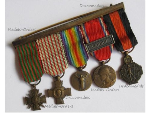 France Belgium WWI Set of 5 Medals (Belgian Yser Cross, French WW1 Verdun Prudhomme Medal with Clasp, Victory Medal Morlon Type, War & Combatants Cross) MINI