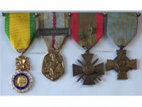 France WW2 Set of 4 Medals on Officer's Bar (Valor & Discipline Medal, WWII War & Combatants Cross, Commemorative Medal with Liberation Clasp)