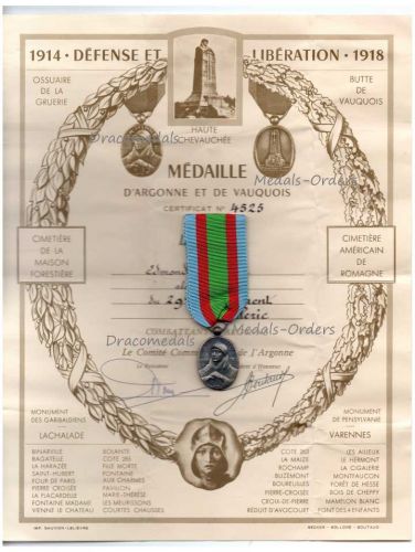 France WWI Argonne Vauquois Commemorative Medal 1914 1918 with Diploma to the 29th Artillery Regiment