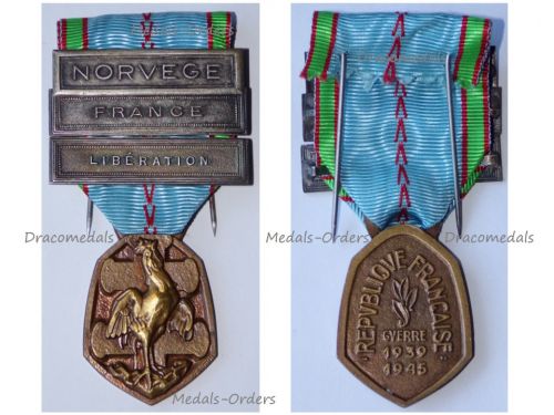 France WWII Commemorative Medal 1939 1945 with 3 Clasps (Norvege, Liberation, France) by the Paris Mint