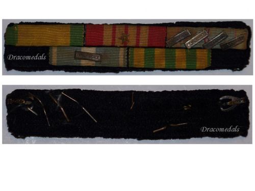 France WWII Ribbon Bar of 5 Medals (Valor & Discipline, Colonial with Far East Clasp, WW2 Commemorative with Africa, Liberation, Germany, Atlantic Clasps & Indochina Medal, WWII War Cross with Bronze Star)