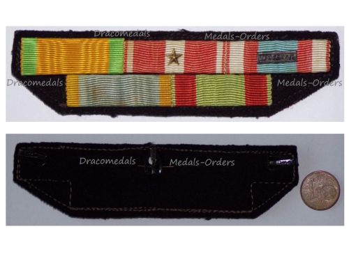 France Ribbon Bar of 5 Medals (Valor & Discipline, North Africa Medal for Security and Order Operations with Bar Algeria, Cross of Military Valor, Order of Agricultural Merit & Medal of Honor for Youth, Sports Knight's Class)