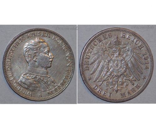 Germany 3 Mark Coin 1914 A Prussia German Empire Kaiser Wilhelm II Berlin Mint