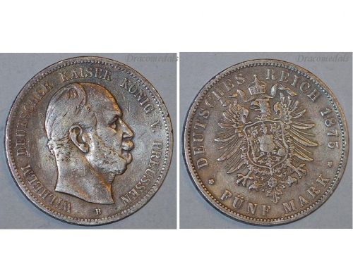 Germany Prussia 5 Mark 1875 B Silver Coin Kaiser Wilhelm I Hanover Mint