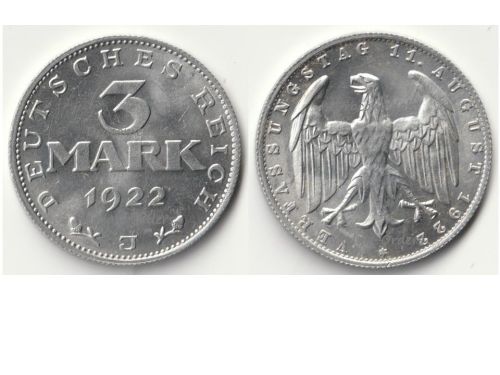 Germany 3 Mark Coin 1922 J Constitution Day 11 August, Aluminum, Weimar Republic