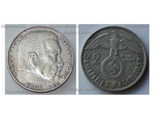 Nazi Germany 2 Mark Coin 1937 D Swastika Paul Von Hindenburg