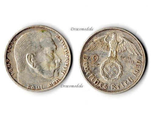 Nazi Germany 2 Mark Coin 1939 A with Swastika Paul Von Hindenburg