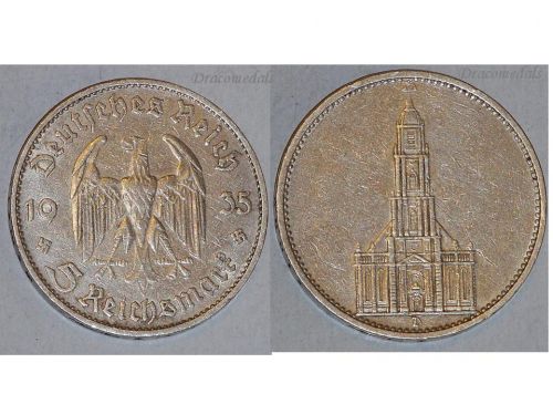 Nazi Germany 5 Mark Coin 1935 D with Swastika Potsdam Church