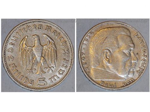 Nazi Germany 5 Mark Coin 1935 D Without Swastika Paul Von Hindenburg