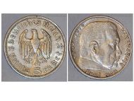 Nazi Germany 5 Mark Coin 1936 A Without Swastika Paul Von Hindenburg