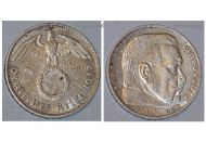 Nazi Germany 5 Mark Coin 1937 E with Swastika Paul Von Hindenburg