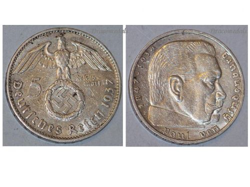 Nazi Germany 5 Mark Coin 1937 E with Swastika Paul Von Hindenburg