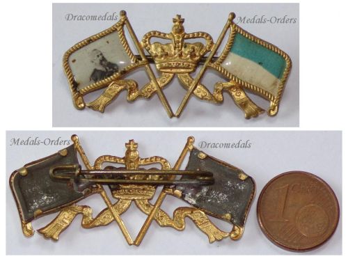 Germany WWI Bavaria Patriotic Badge with the Bavarian Royal Crown, King Ludwig's Portrait and Crossed Flags in the Bavarian National Colors