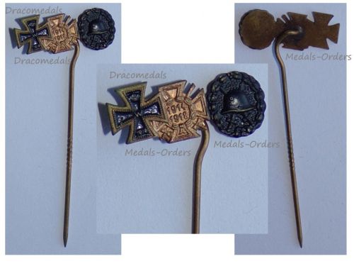 Germany WWI Stickpin Set of 3 Medals (Black Wound Badge, Iron Cross, Hindenburg Cross with Swords 1914 1918) MINI