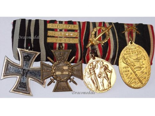 Germany WWI Set of 4 Medals (Flanders Cross with Clasps Antwerpen, Ypern, Yser), Iron Cross, WWI Kyffhauser Veteran and German Legion of Honor Medal)