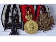 Germany Austria Hungary WWI Set of 3 Medals (Iron Cross 2nd Class, Signum Laudis Military Merit Medal with Crown Bronze Class Kaiser Franz Joseph 1886 1916, Hindenburg Cross for Combatants)