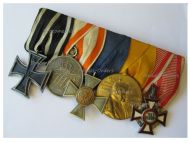 Germany Austria Hungary WWI Set of 5 Medals (Iron Cross 2nd Class EK2, Prussian Silver General Honor Decoration, Officer's Long Service Cross for XX Years, Kaiser Wilhelm's Centennial Medal 1897, Austrian Military Cross III Class)