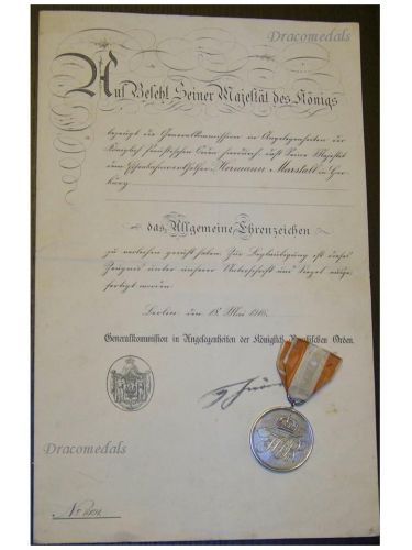 Germany WWI Prussia Silver General Honor Decoration 2nd Class for Meritorious Services with Diploma 1916