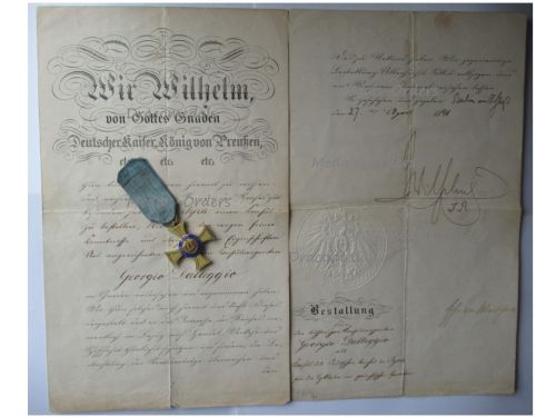 Germany Prussia Royal Order of the Crown Cross IV Class with Diploma Dated 1891 Signed by Kaiser Wilhelm