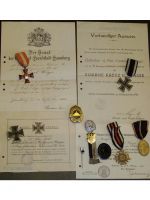 Germany WWI Set of 8 Medals (Iron Cross 1st EK1 & 2nd Class EK2 Maker KO, Hanseatic Cross of Hamburg, Black Wound, Hindenburg Cross Maker PCL, Lighthouse Kyffhauser WW1 Medal, Badge & Pin) with Diplomas to NCO Corporal of the 206th Infantry Division